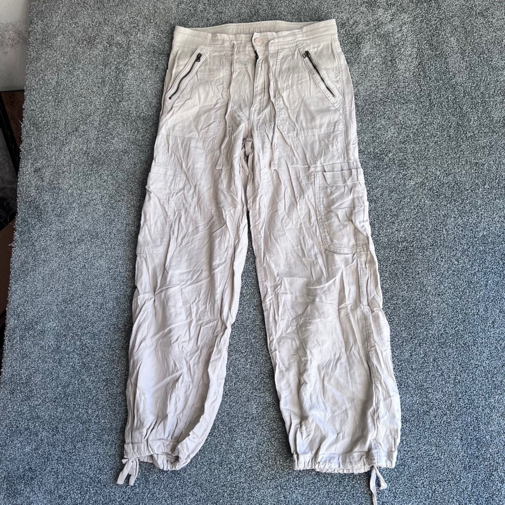 American Eagle Dreamy Drape Baggy Wide Leg Cargo Pants Tan Khaki Linen Sz 8